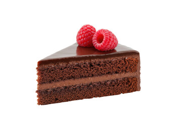 Isolated Rich Chocolate Cake Slice Topped with Raspberries