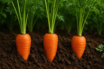 Carrots growing in soil under the sunlight, some already harvested, green foliage surrounding the vibrant orange ones.