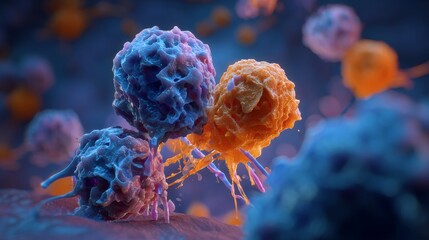 Immune system T cells attacking viruses in bloodstream, microscopic view of body defense mechanism, medical and healthcare concept for biology science.