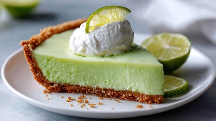 Slice of Key Lime Pie with Whipped Cream and Lime Garnish