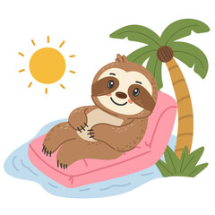  Sloth on pink pool float under sun. Palm trees and water. For summer designs and kids content.