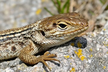 Obraz premium Lizard resting on rock in sunlight, macro view of scales and eye. AI-generated.