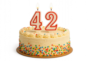 Birthday cake with number 42  candle isolated on transparent background.
