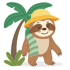 Sloth in hat and striped towel. For kids designs, vacation themes, and tropical content. White background.