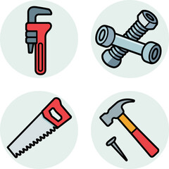 Plumbing and cutting icons. Pipe wrench, saw blade, joint repair, and hammer tools for utility maintenance  