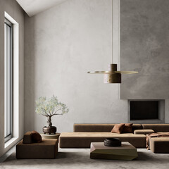Modern minimalist living room with sculptural lighting and earthy tones. 3D illustration