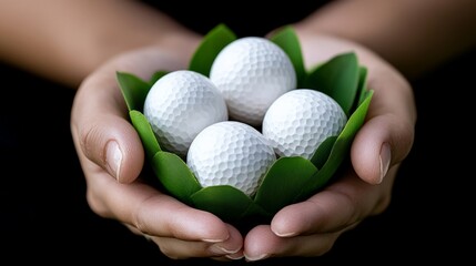 Hands gently hold a small green leaf bowl filled with four white golf balls