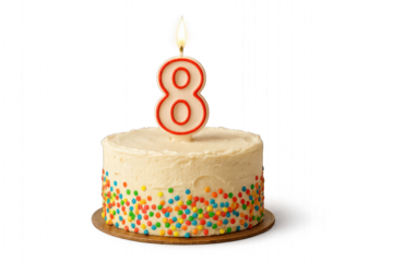 Birthday cake with number 8  candle, colorful frosting, sprinkles, and swirls, isolated on transparent background.