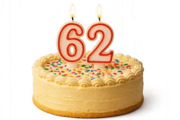 Birthday cake with number 62  candle isolated on transparent background.