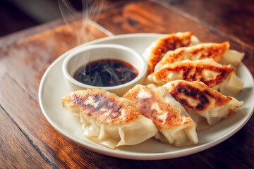 Fototapeta premium japanese gyoza dumplings on plate top view