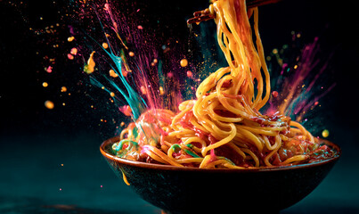 A close up of spaghetti in a bowl with chopsticks and colorful paint splatters on a dark background