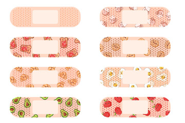 Kawaii Food Plasters Set. Adhesive Bandages And Medical Dressings. First Aid, Wound Healing And Protection. Vector Illustrations