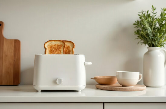 Minimalistic cuisine in the Scandinavian style, on the countertop - a smart toaster with two fried toasts, next to Jema Bank, Flat Lay style, pastel colors