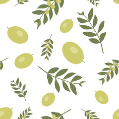 Seamless pattern..Olive branch and olives on a light background. Floral seamless pattern.