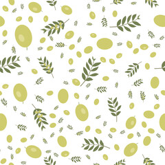 Olive branch and olives on a light background. Floral seamless pattern.