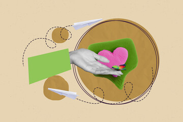 Picture image collage of person hand hold bug on orange background with realistic like heart