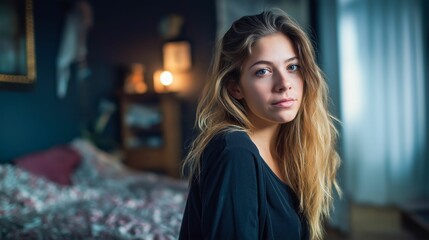 Soft portrait of a young woman in a cozy room with moody lighting and delicate shadows