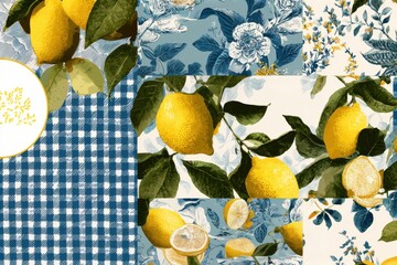 Seamless patchwork pattern with lemons, gingham, flowers and mosaic textures. Colorful citrus composition for textile, packaging and decor.