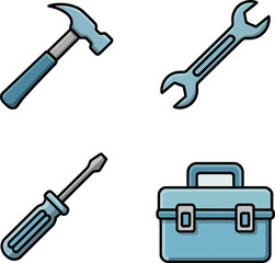 Handheld equipment kit. Hammer, screwdriver, wrench and compact toolbox for quick utility work access  