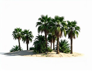Fototapeta premium Lush Green Palm Trees on Sandy Island Against White Background