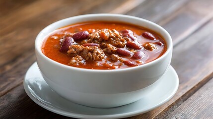 Hearty Chili in a White Bowl on Wooden Table