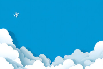 青空を飛ぶ飛行機と雲のペーパークラフト風イラスト