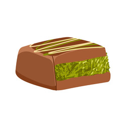 Vector illustration of Dubai chocolate candy with pistachio paste and kataifi dough. Hand drawn sweets with milk chocolate and pistachio kernel for packaging, menu, catalog spreads, product cards