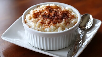 Rice Pudding Topped with Cinnamon in a White Ramekin
