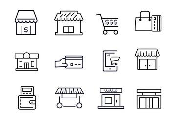 Chain store or shop line icon set. Shopping cart, Franchise, brand, consumer, trade mark, market, retail,   catering market, distribution, credit card symbols collection. Editable vector illustration