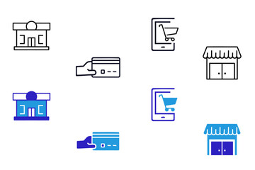 Store or shop solid line icon set. Shopping cart, Franchise, brand, consumer, trade mark, market, retail,   catering market, distribution, credit card symbols collection. Editable vector illustration