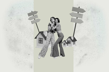 Composite trendy magazine photo collage of happy girl guy stand road sign pointer hose relocation...