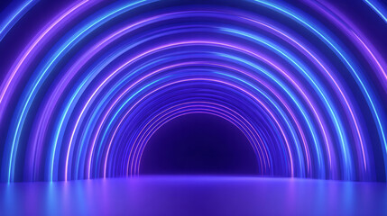 Neon-light tunnel with infinite reflections, vibrant purple and blue tone