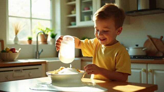 Cheerful one year old boy pouring milk into cereal bowl during bright morning in sunny kitchen