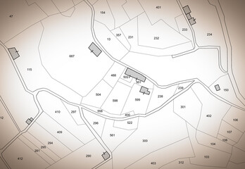 Imaginary cadastral map of a rural landscape with buildings, roads and land parcel