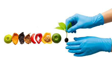 Gloved Hands Gently Holding a Green Sprout with Roots and Leaves, Placed Alongside Various Dried Fruit and Vegetable Pieces