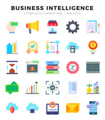 Set of 25 Business Intelligence Flat Icons Pack.