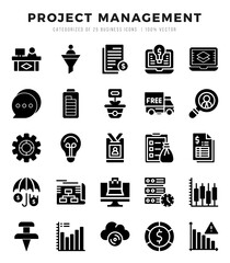 Set of 25 Project Management Glyph Icons Pack.