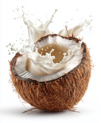Cracked coconut with a dramatic splash of coconut milk frozen mid-air, isolated on white background. Perfect for tropical, organic, or beverage-related visuals.