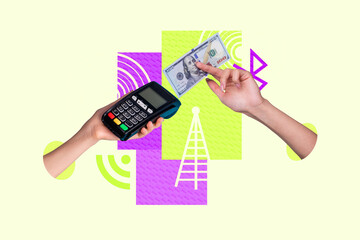 Full 3d magazine picture sketch collage image of hands hold pos terminal credit card dollar...