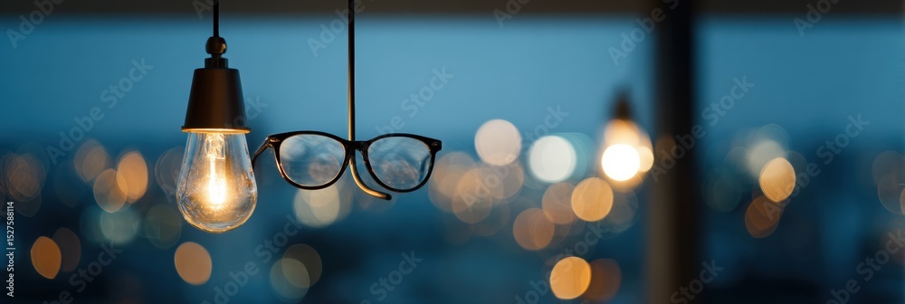 Poster Glasses Hanging From a Reading Light Against an Evening Backdrop With Blurred City Lights Creating a Cozy Atmosphere