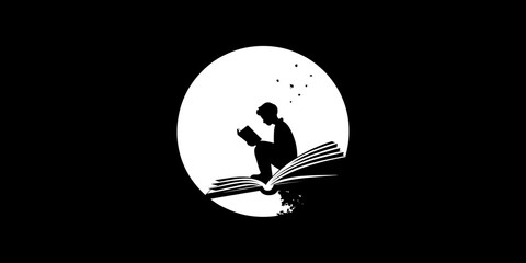Minimal black and white logo of a child reading on an open book with a moon backdrop and flying birds, symbolizing imagination, learning, and storytelling.