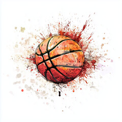 Artistic watercolor illustration of a basketball with vivid splashes and dynamic paint splatters, isolated on white background. Creative sports-themed abstract design