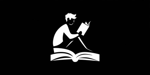 Minimalist black and white illustration of a person reading a book while sitting on an open book, symbolizing education and imagination.