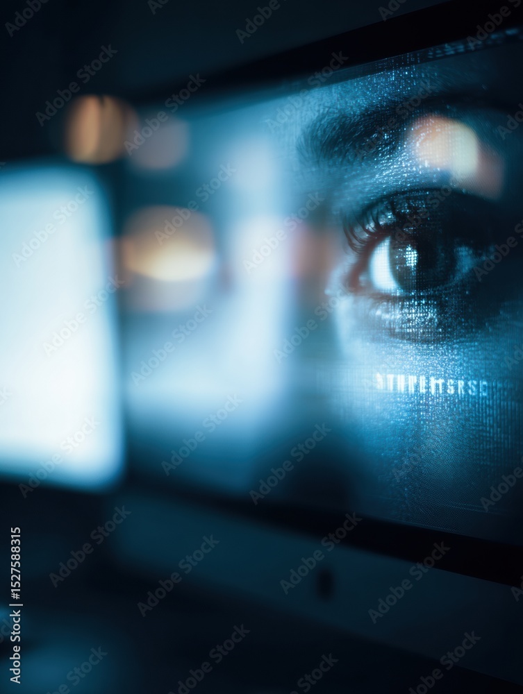 Aufkleber computer screen displaying eye strain message in dark ambient lighting with clear left zone