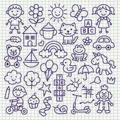 Cute kids elements, preschool kindergarten doodle icons set. Hand drawn vector illustration isolated on white background