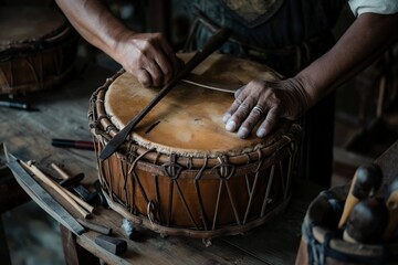 Malay Artisan Crafting Kompang Drum in Rustic Workshop