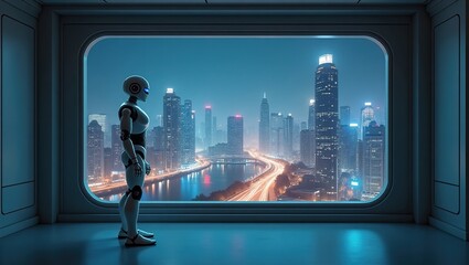 Fototapeta premium Robot looking out at futuristic cityscape through window at night