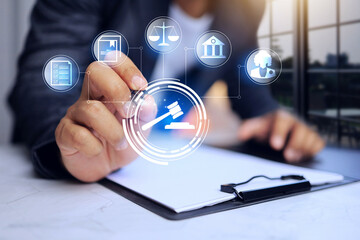 Legal concept with businessman working on judge hammer icon represent to study law ethic or fairness and honesty in business or trade international marketing