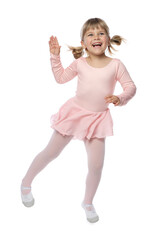 Cute little girl dancing on white background
