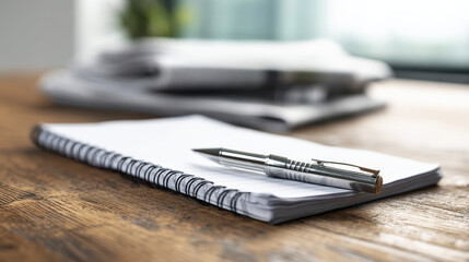 Close-up of journalist's pen and notebook on wooden desk with newspaper clippings, symbolizing press freedom and media reporting in modern society.